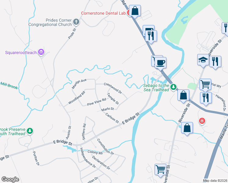 map of restaurants, bars, coffee shops, grocery stores, and more near 14 Crestwood Drive in Westbrook