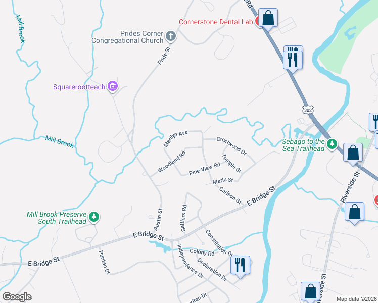 map of restaurants, bars, coffee shops, grocery stores, and more near 86 Woodland Road in Westbrook