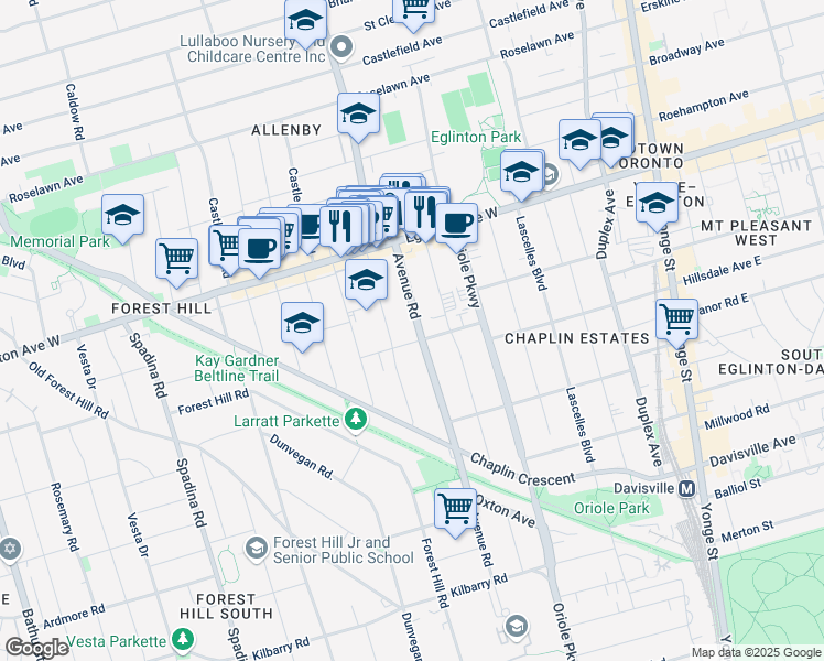 map of restaurants, bars, coffee shops, grocery stores, and more near 83 Braemar Avenue in Toronto