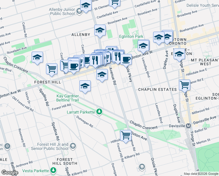 map of restaurants, bars, coffee shops, grocery stores, and more near 83 Braemar Avenue in Toronto