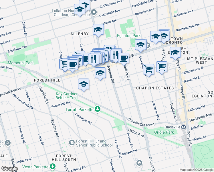 map of restaurants, bars, coffee shops, grocery stores, and more near 73 Braemar Avenue in Toronto