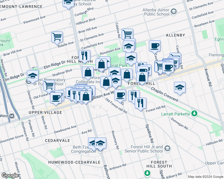 map of restaurants, bars, coffee shops, grocery stores, and more near 19 Mayfair Avenue in Toronto