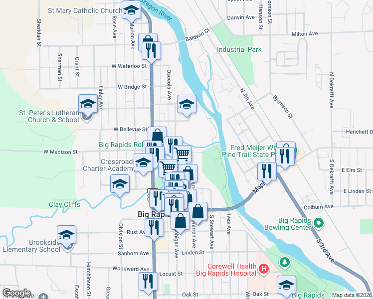 map of restaurants, bars, coffee shops, grocery stores, and more near 422 North Michigan Avenue in Big Rapids
