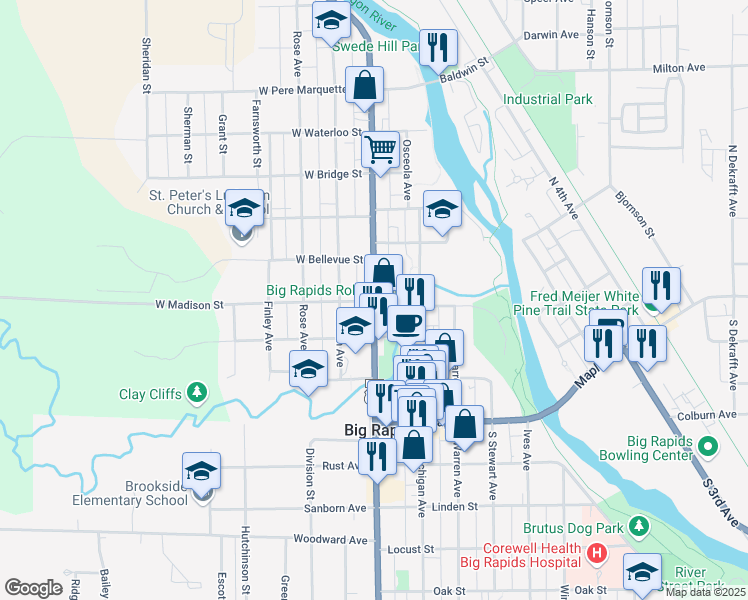 map of restaurants, bars, coffee shops, grocery stores, and more near 400 North State Street in Big Rapids