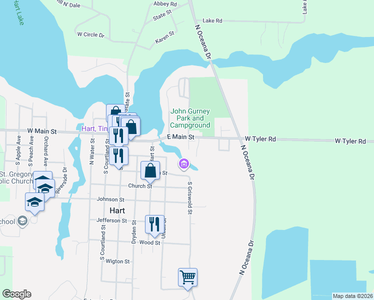 map of restaurants, bars, coffee shops, grocery stores, and more near 300 Griswold Street in Hart