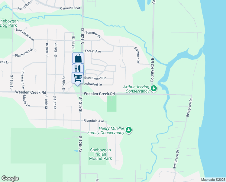 map of restaurants, bars, coffee shops, grocery stores, and more near 1 Applewood Drive in Sheboygan