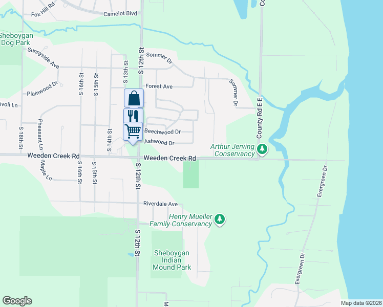 map of restaurants, bars, coffee shops, grocery stores, and more near 1 Applewood Drive in Sheboygan