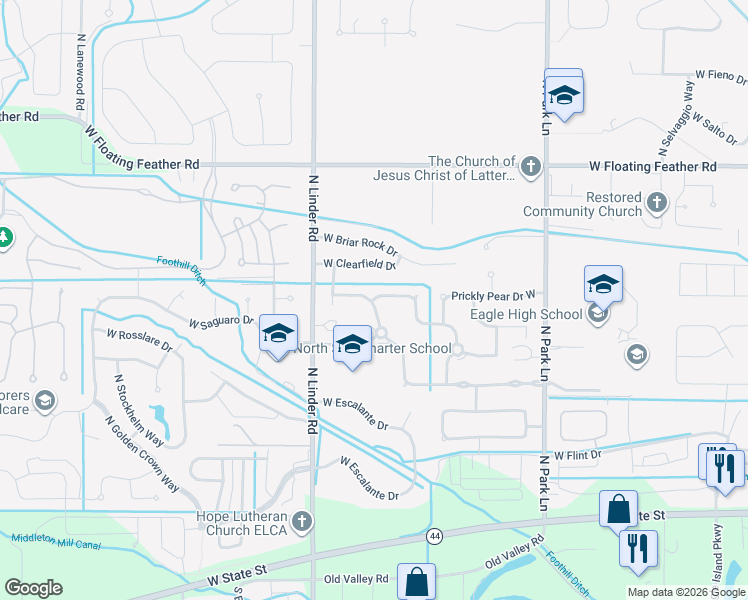 map of restaurants, bars, coffee shops, grocery stores, and more near West Prickly Pear Drive in Eagle