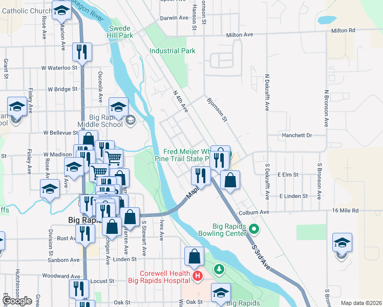 map of restaurants, bars, coffee shops, grocery stores, and more near 226 North 3rd Avenue in Big Rapids