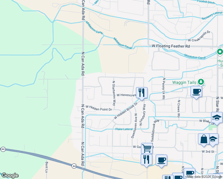 map of restaurants, bars, coffee shops, grocery stores, and more near 1101 North Starhaven Way in Star