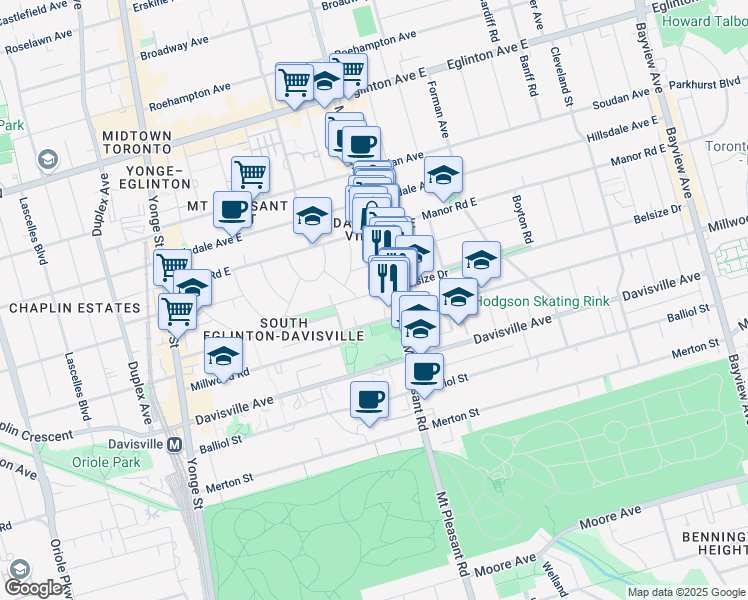 map of restaurants, bars, coffee shops, grocery stores, and more near 175 Belsize Drive in Toronto