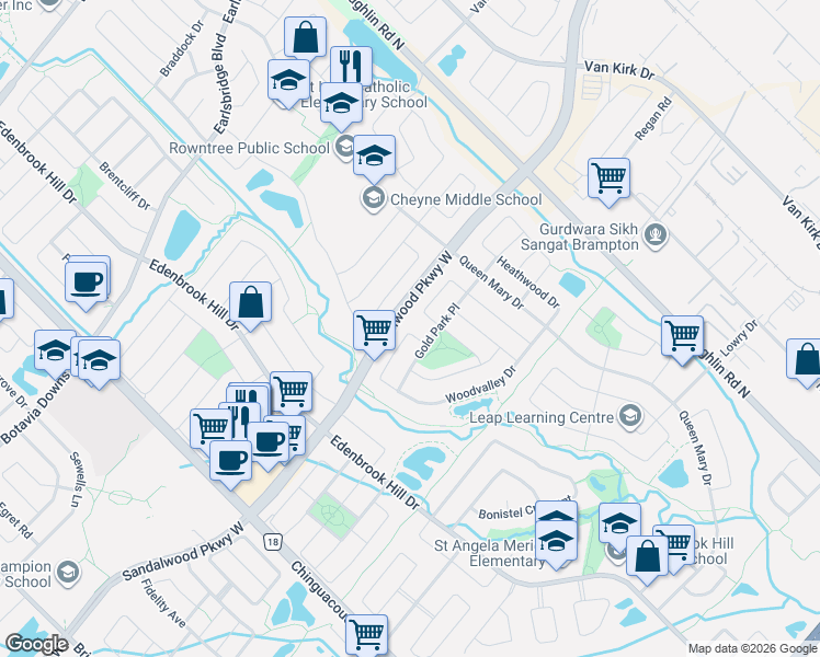 map of restaurants, bars, coffee shops, grocery stores, and more near 119 Woodvalley Drive in Brampton