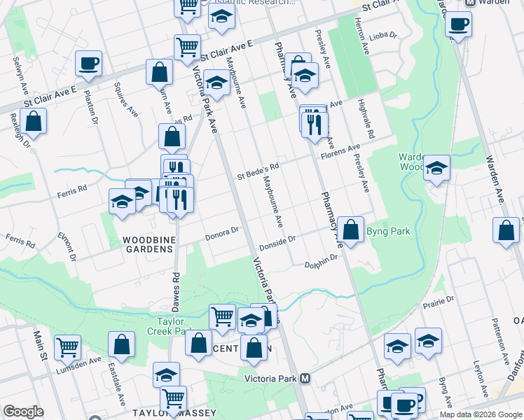 map of restaurants, bars, coffee shops, grocery stores, and more near 45 Pitt Avenue in Toronto