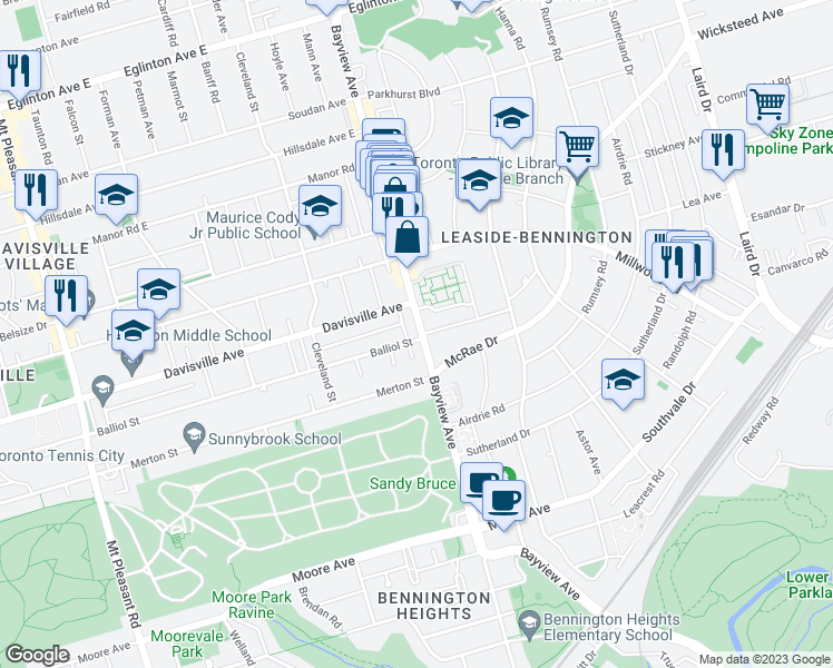 map of restaurants, bars, coffee shops, grocery stores, and more near 1436 Bayview Avenue in Toronto