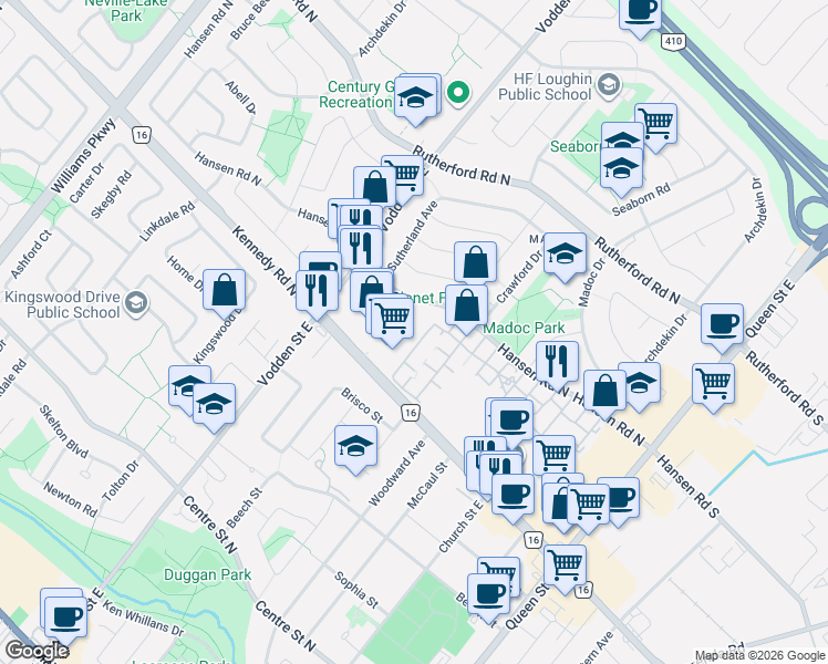 map of restaurants, bars, coffee shops, grocery stores, and more near 227 Vodden Street East in Brampton
