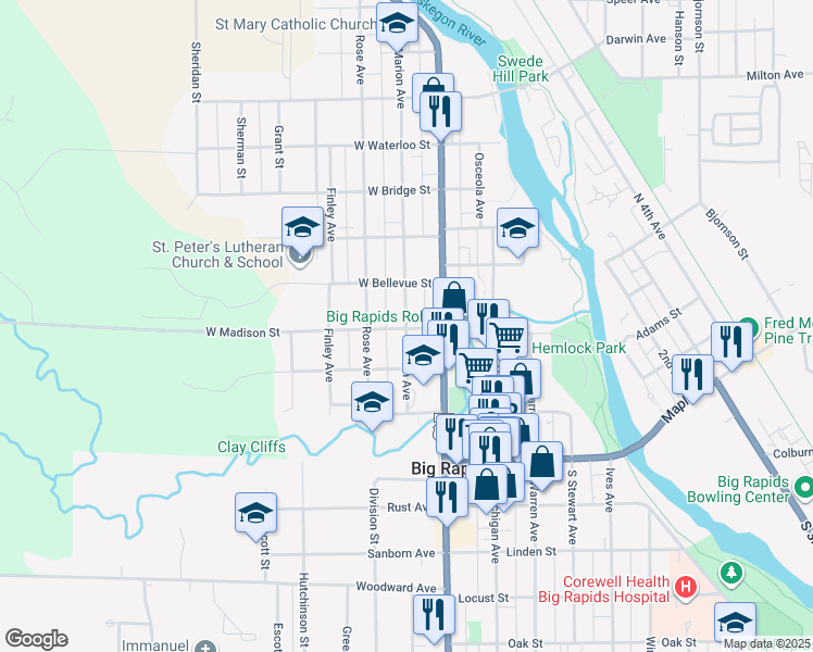 map of restaurants, bars, coffee shops, grocery stores, and more near 406 Marion Avenue in Big Rapids