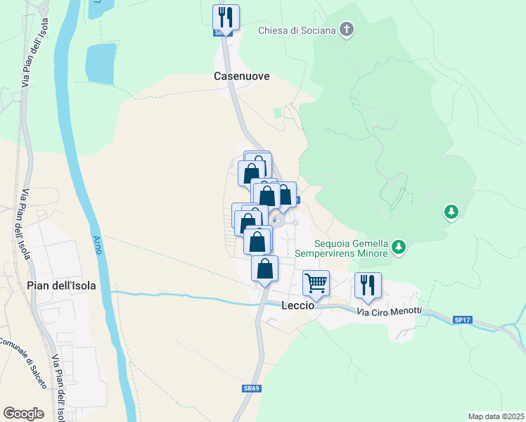 map of restaurants, bars, coffee shops, grocery stores, and more near 6 Via Europa in Leccio