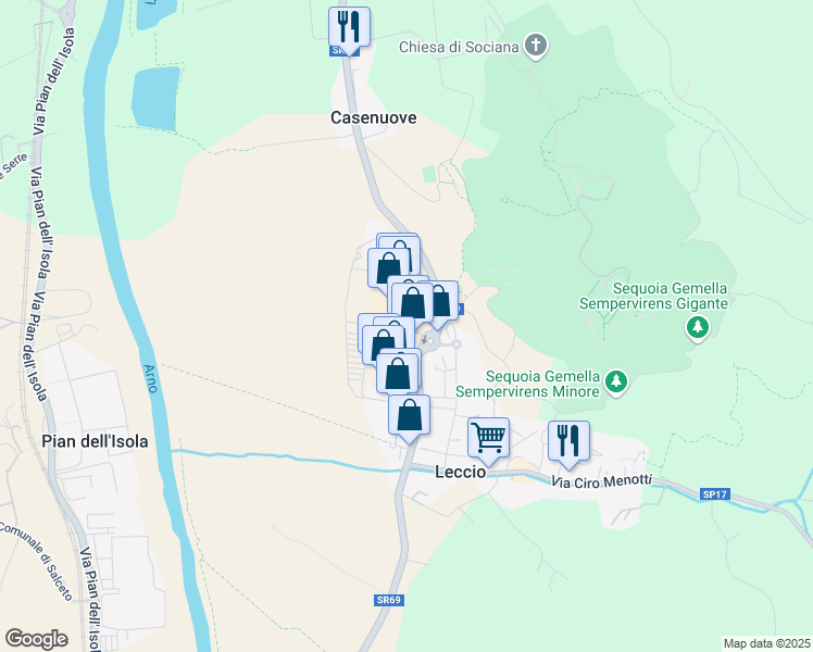 map of restaurants, bars, coffee shops, grocery stores, and more near 6 Via Europa in Leccio