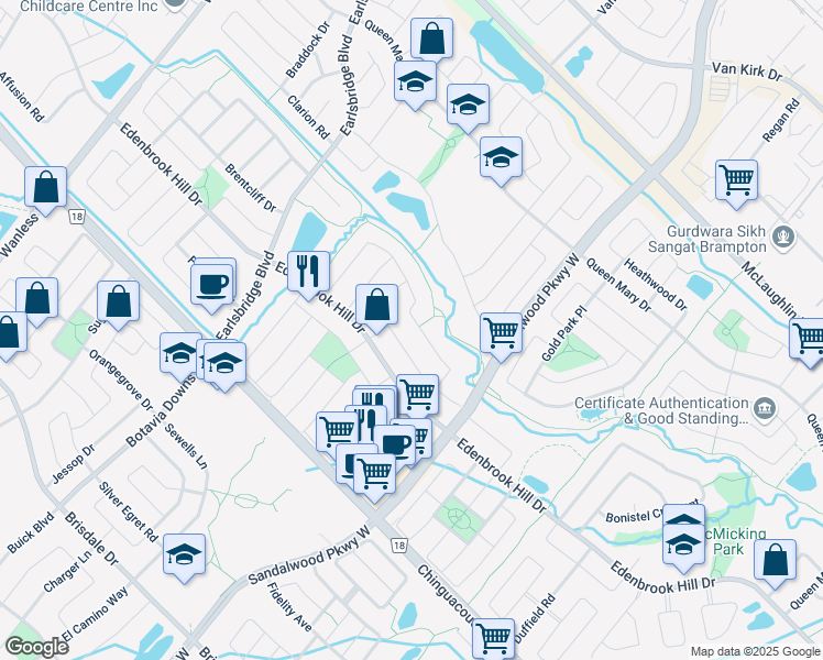 map of restaurants, bars, coffee shops, grocery stores, and more near 50 River Rock Crescent in Brampton