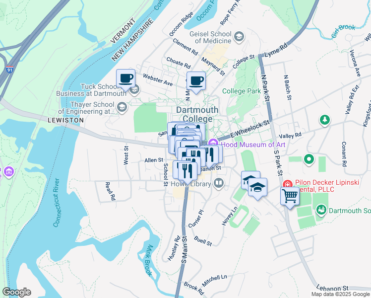 map of restaurants, bars, coffee shops, grocery stores, and more near Old Nugget Alley in Hanover