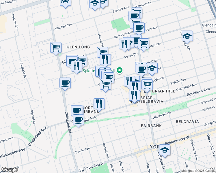 map of restaurants, bars, coffee shops, grocery stores, and more near 79 Wingold Avenue in Toronto