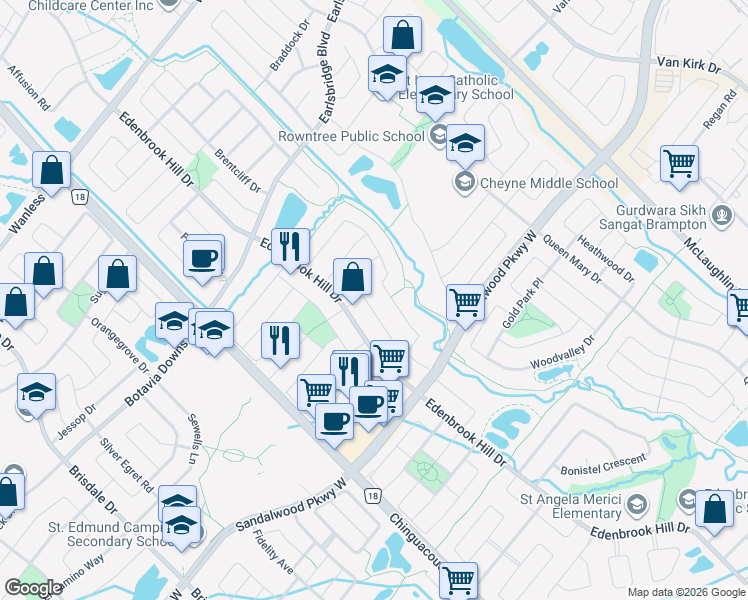map of restaurants, bars, coffee shops, grocery stores, and more near 10 Avocet Gate in Brampton