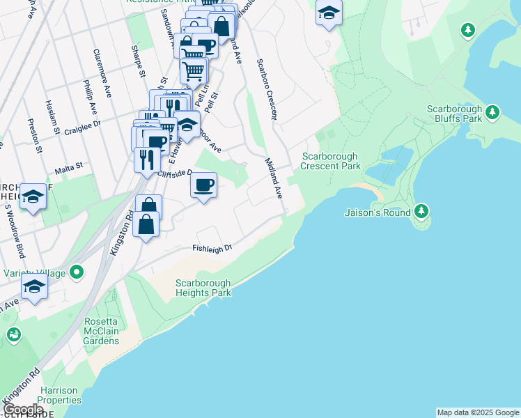 map of restaurants, bars, coffee shops, grocery stores, and more near 5 Riviera Drive in Toronto