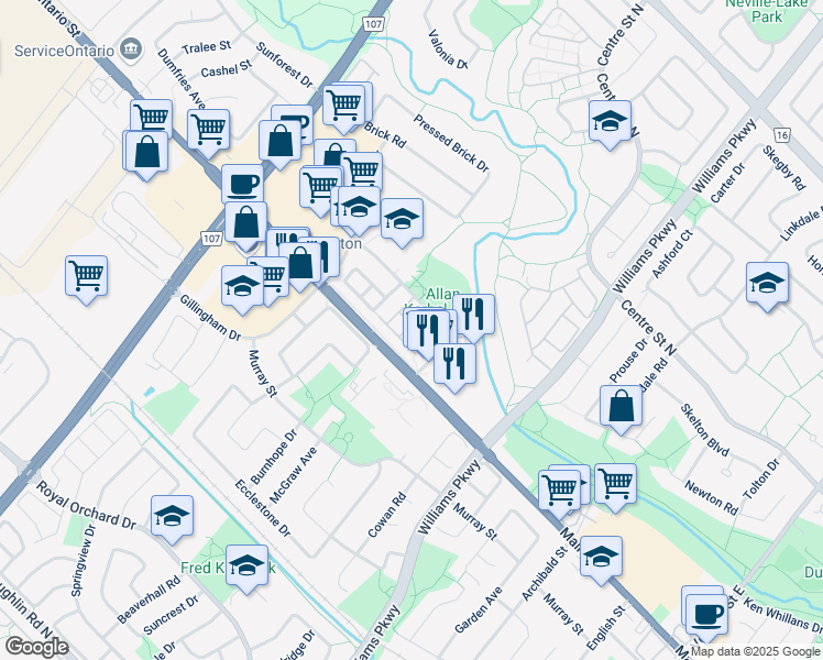 map of restaurants, bars, coffee shops, grocery stores, and more near 65 Brickyard Way in Brampton