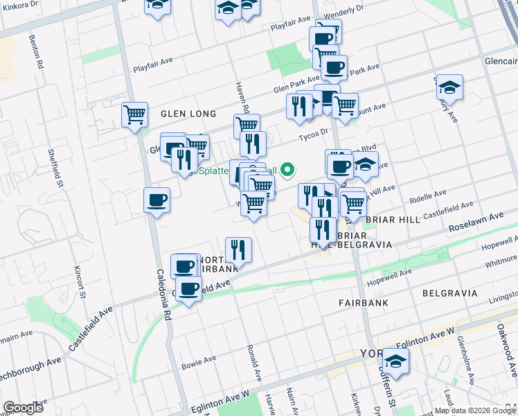 map of restaurants, bars, coffee shops, grocery stores, and more near 79 Wingold Avenue in Toronto