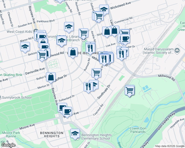 map of restaurants, bars, coffee shops, grocery stores, and more near 120 Airdrie Road in Toronto