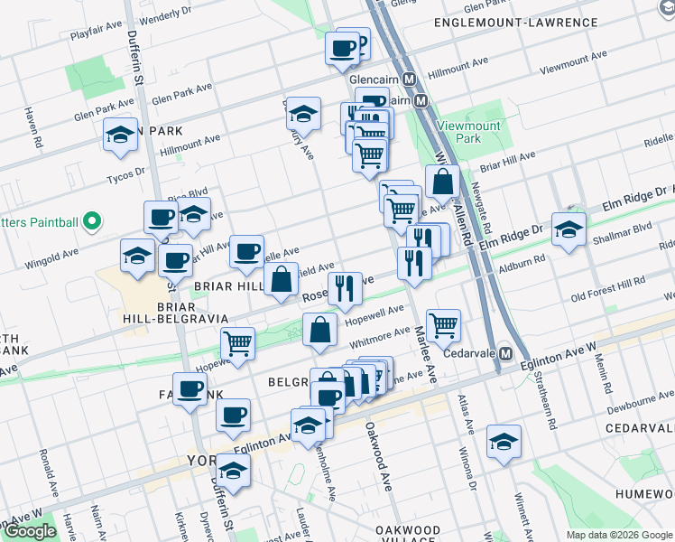 map of restaurants, bars, coffee shops, grocery stores, and more near 14 Danesbury Avenue in Toronto