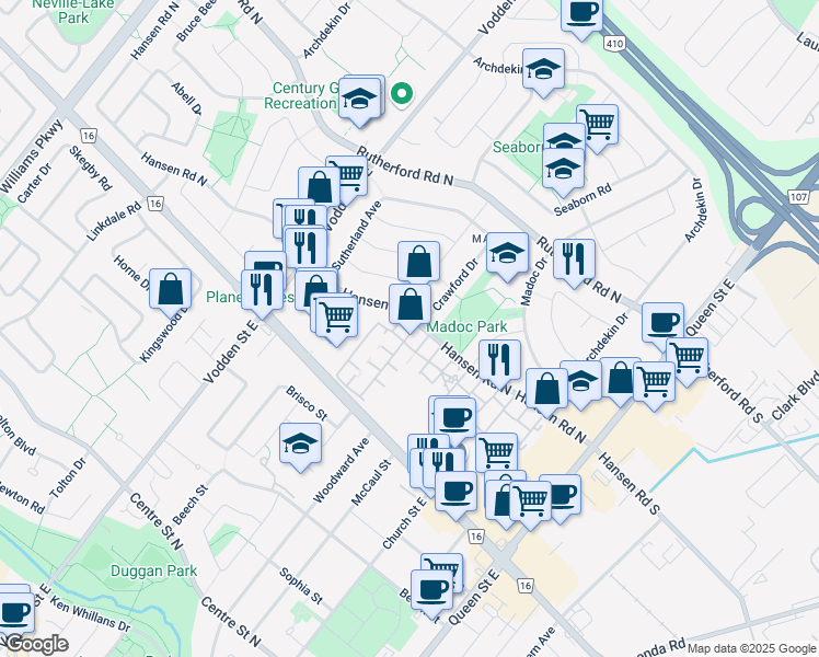 map of restaurants, bars, coffee shops, grocery stores, and more near 105 Hansen Road North in Brampton