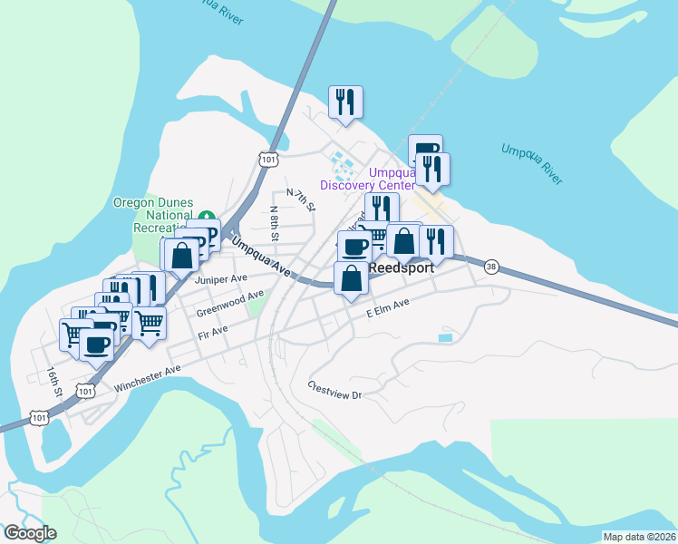 map of restaurants, bars, coffee shops, grocery stores, and more near 566 Greenwood Avenue in Reedsport