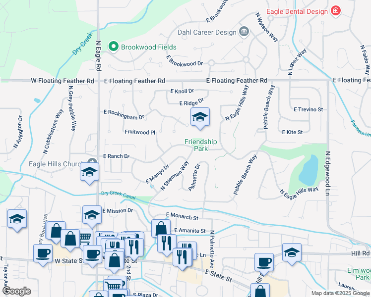 map of restaurants, bars, coffee shops, grocery stores, and more near 572 East Ranch Drive in Eagle