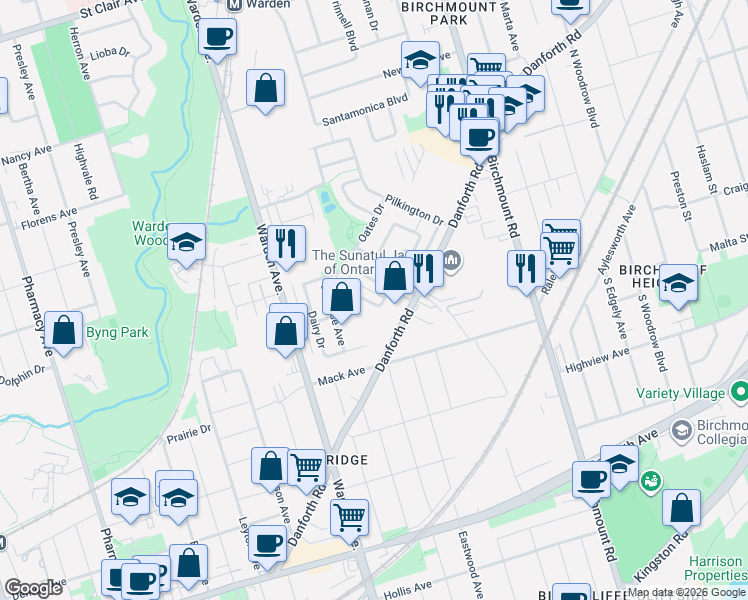 map of restaurants, bars, coffee shops, grocery stores, and more near 60 Belanger Crescent in Toronto