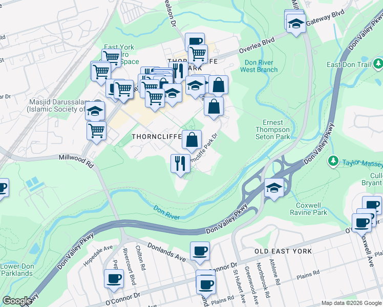 map of restaurants, bars, coffee shops, grocery stores, and more near in Toronto