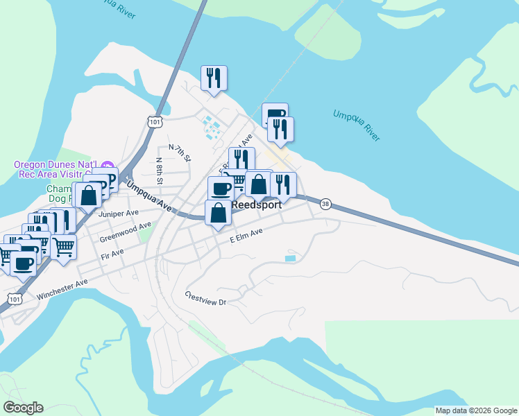 map of restaurants, bars, coffee shops, grocery stores, and more near in Reedsport