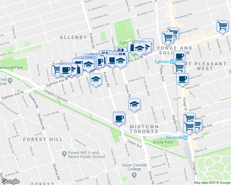 map of restaurants, bars, coffee shops, grocery stores, and more near 955 Avenue Road in Toronto