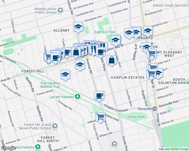 map of restaurants, bars, coffee shops, grocery stores, and more near 955 Avenue Road in Toronto