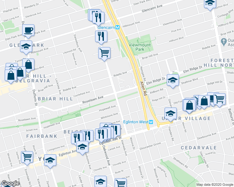 map of restaurants, bars, coffee shops, grocery stores, and more near 126 Marlee Avenue in Toronto