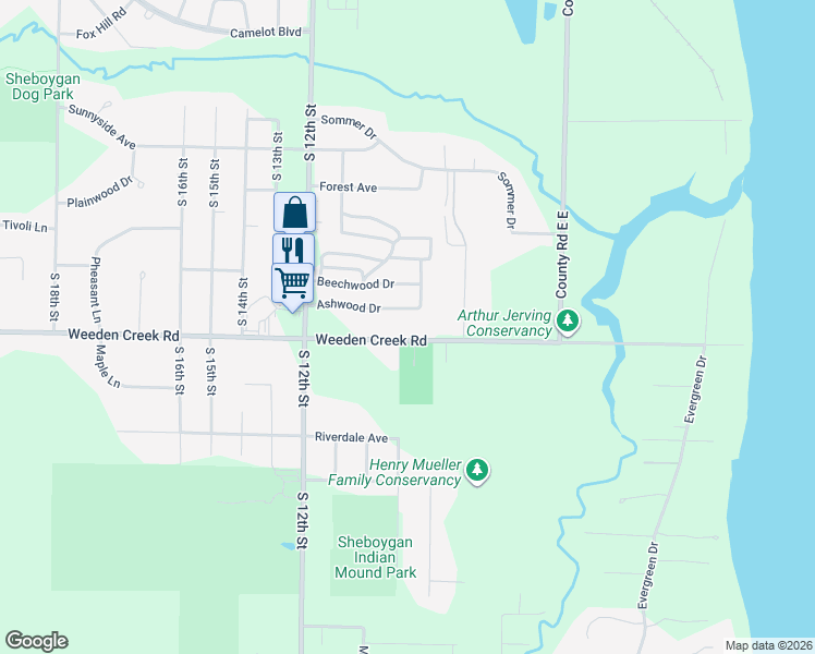 map of restaurants, bars, coffee shops, grocery stores, and more near 32 Ashwood Drive in Sheboygan