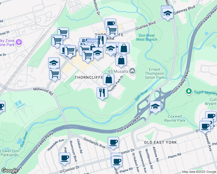 map of restaurants, bars, coffee shops, grocery stores, and more near 42 Thorncliffe Park Drive in Toronto