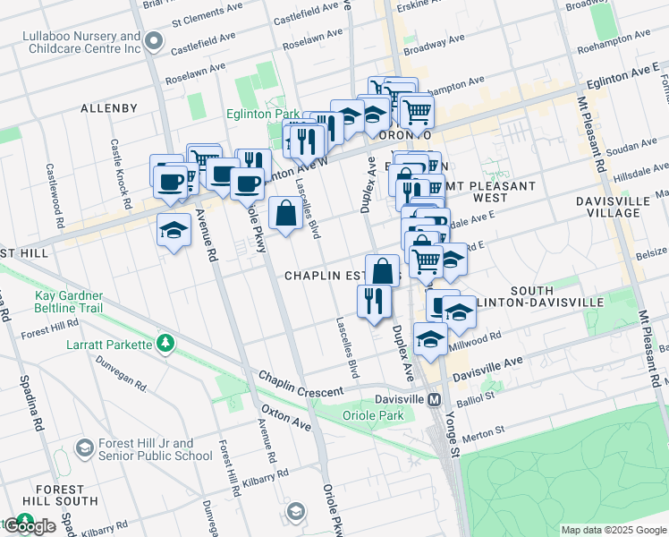 map of restaurants, bars, coffee shops, grocery stores, and more near 105 Hillsdale Avenue West in Toronto