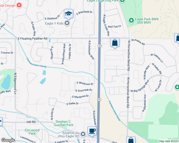 map of restaurants, bars, coffee shops, grocery stores, and more near North Caracaras Place in Eagle