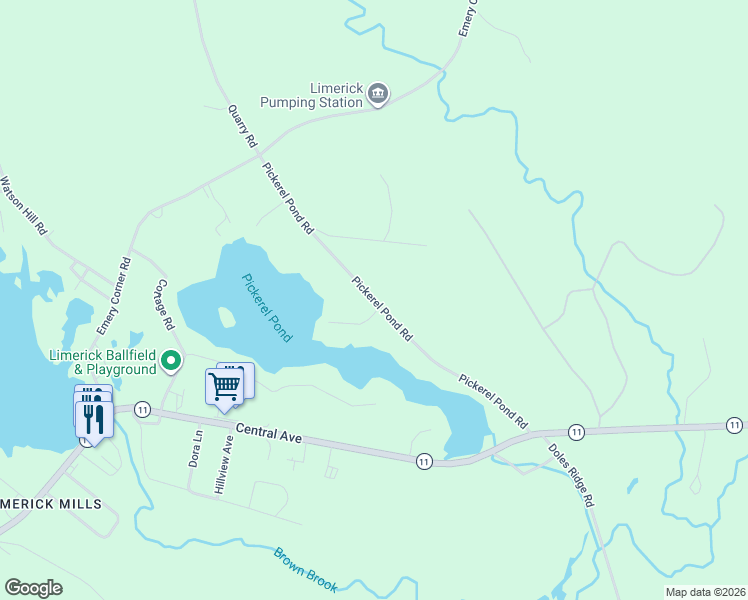 map of restaurants, bars, coffee shops, grocery stores, and more near Pickerel Pond Road in Limerick