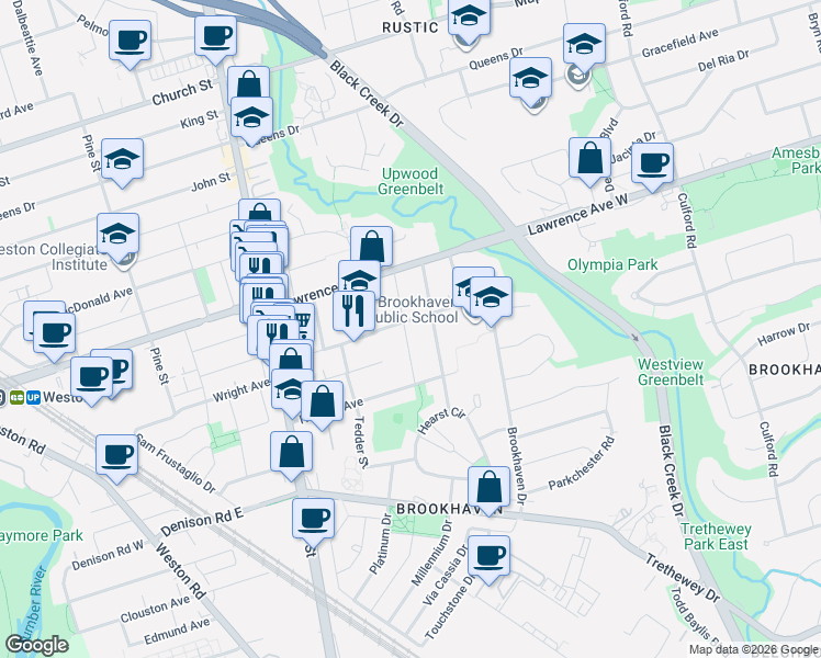 map of restaurants, bars, coffee shops, grocery stores, and more near 55 Renfield Street in Toronto