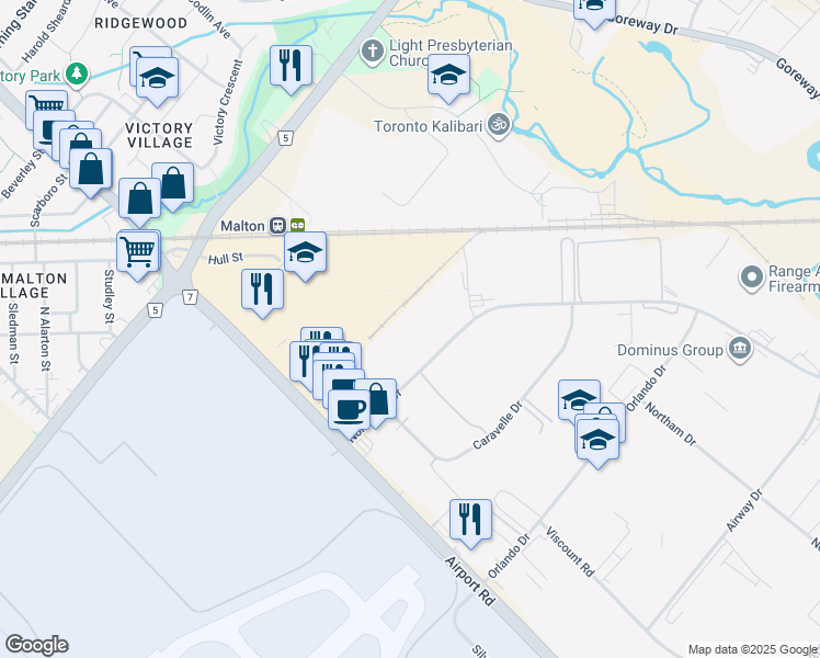 map of restaurants, bars, coffee shops, grocery stores, and more near 6577-6757 Northwest Drive in Mississauga