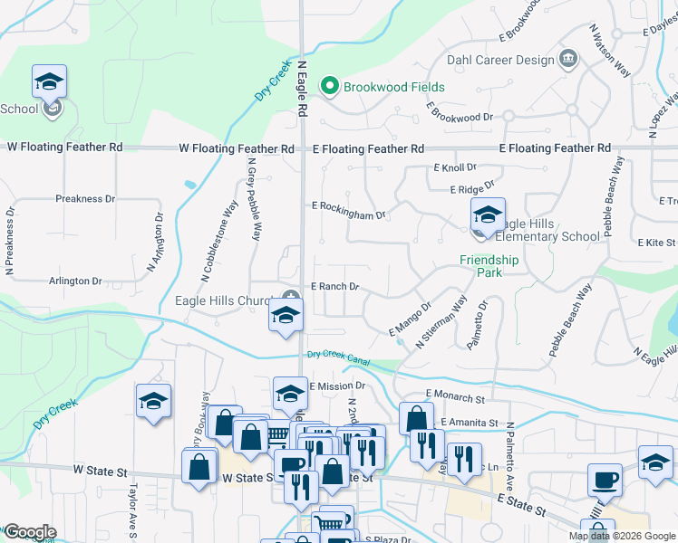 map of restaurants, bars, coffee shops, grocery stores, and more near 242 North Northview Drive in Eagle
