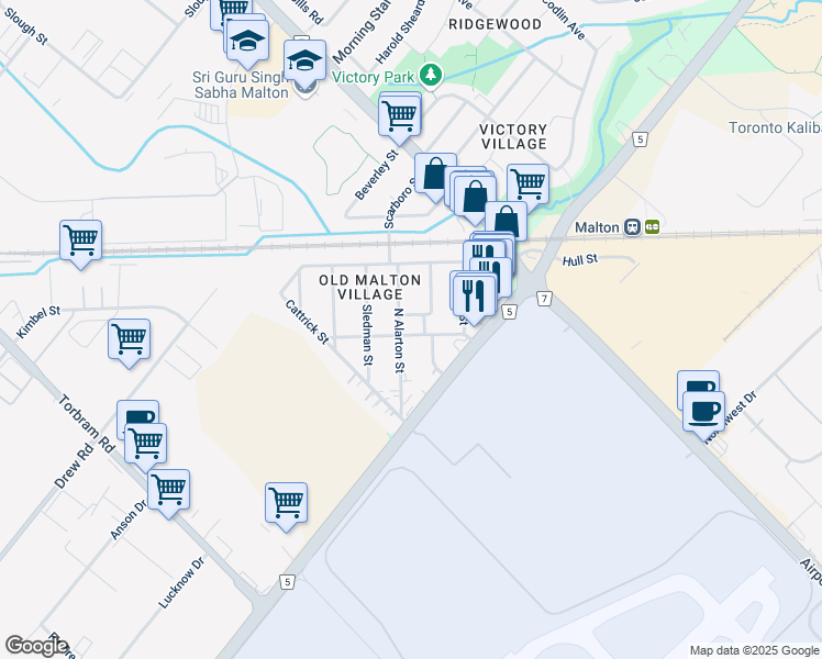 map of restaurants, bars, coffee shops, grocery stores, and more near 13 Burlington Street in Mississauga