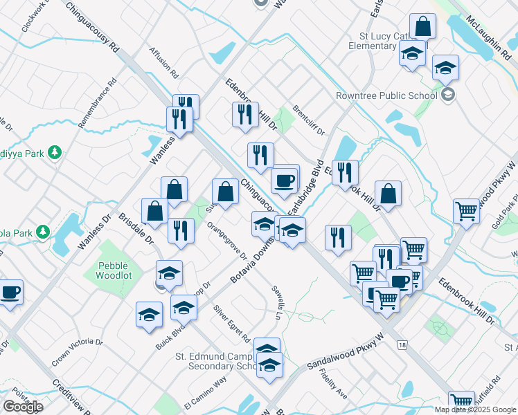 map of restaurants, bars, coffee shops, grocery stores, and more near 62 Allness Road in Brampton